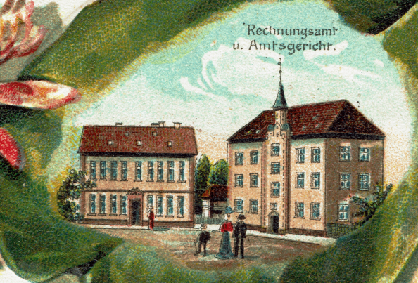 Schloss Geisa - Ausschnitt einer alten Postkarte mit der Avbildung von Jagdschloss und Fürstlichem Schloss als ehemaliges Rechnungsamt und Amtsgericht